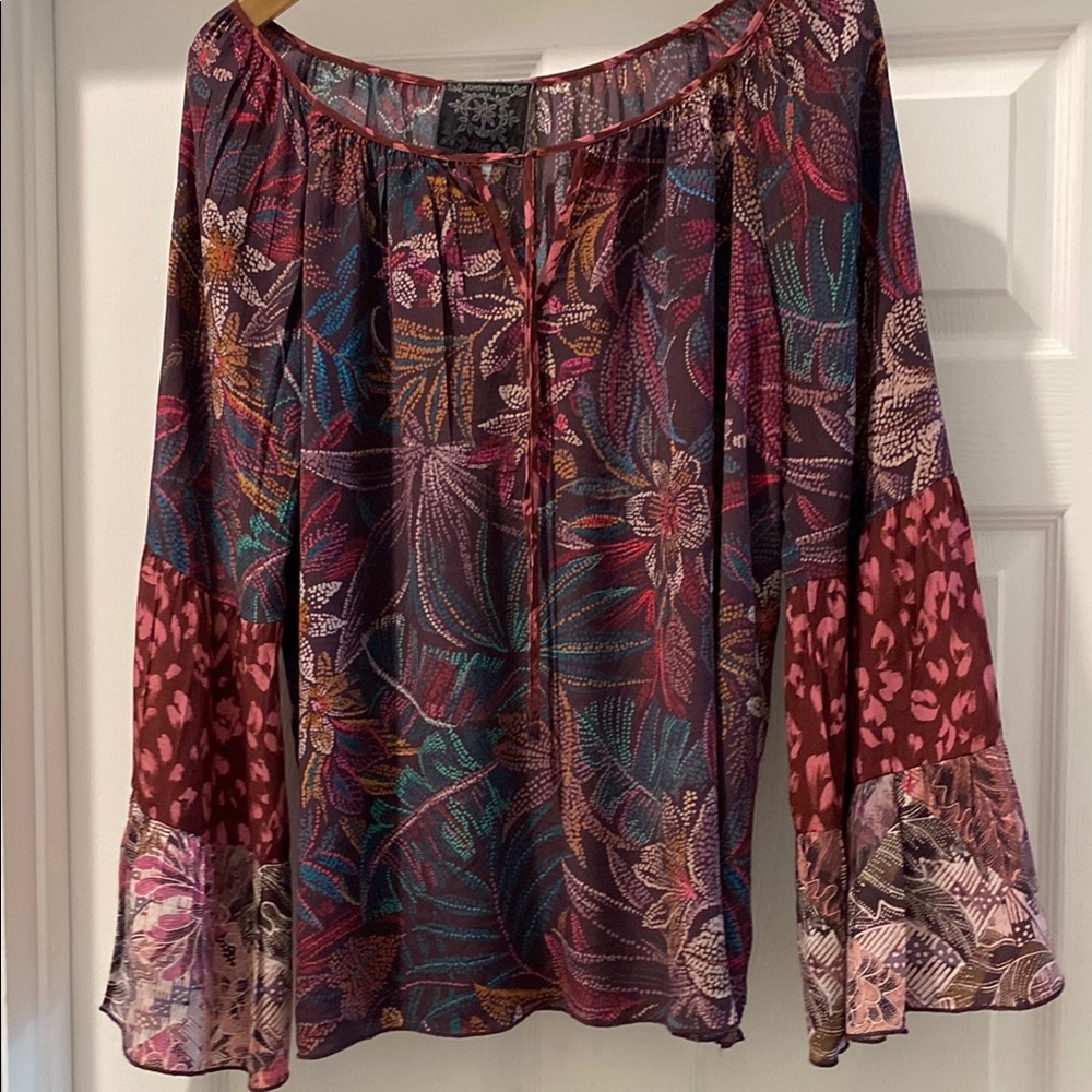 Johnny Was Red Ruffled Bell Sleeve Blouse